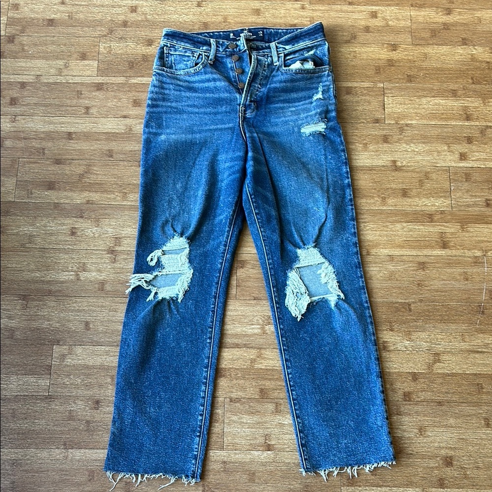 New Hollister Blue Straight Leg Jeans with Distressed Knees-